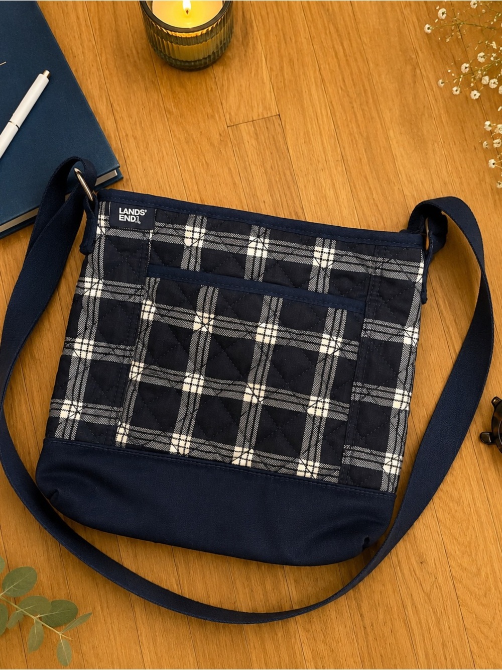 Lands’ End Navy Plaid Quilted Crossbody Bag Adjustable Strap